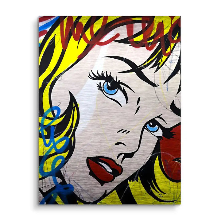 Pop Art Wandbild mit blonder Frau, blauen Augen und rotem Lippen, Comic-Stil, Graffiti-Elemente
