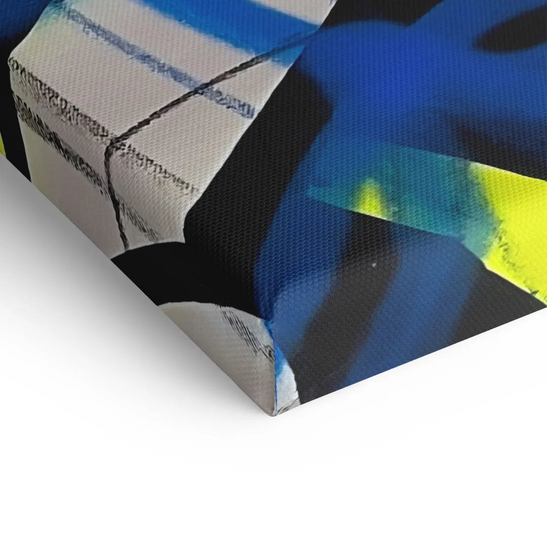 Detailaufnahme Wandbild Leinwand, blaue und gelbe Comic-Pop-Art Farben, strukturierte Oberfläche