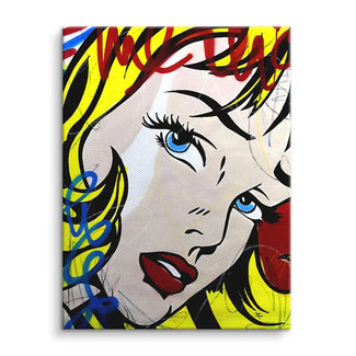 Pop Art Wandbild mit Comic-Frau, gelbe Haare, rote Lippen, bunte Akzente auf Leinwand