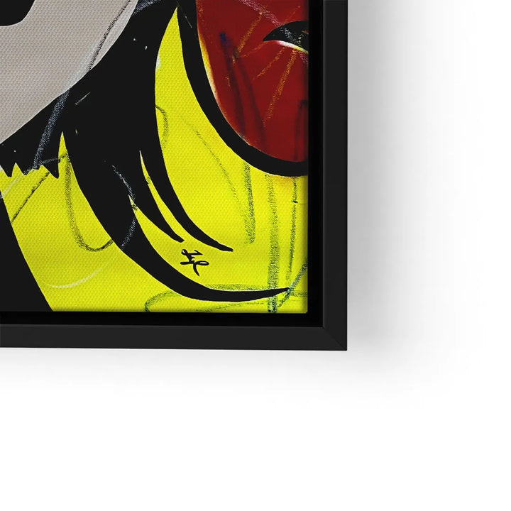 Buntes Pop Art Wandbild im Comic-Stil mit gelbem Hintergrund in schwarzem Rahmen