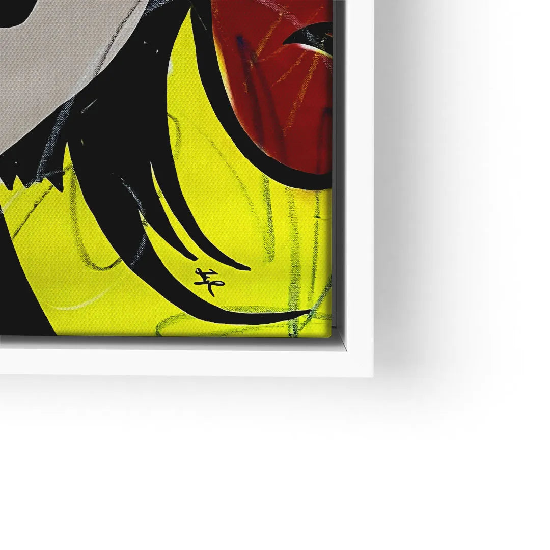 Modernes Comic-Wandbild mit Pop Art Wonder Woman Motiv, gelber Hintergrund, weißer Rahmen