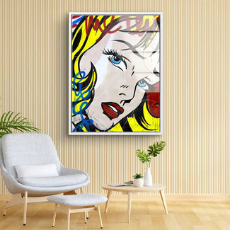Modernes Pop Art Wandbild mit Comic-Frau, gelbe Haare, rote Lippen, Wohnzimmer-Deko