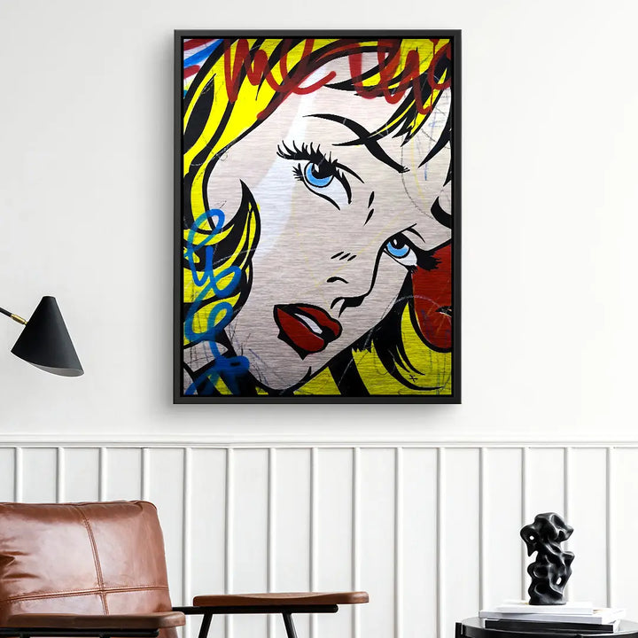 Modernes Pop Art Wandbild mit Comic-Frau, bunte Farben, Kunst im Wohnzimmer, Inspirationsbild