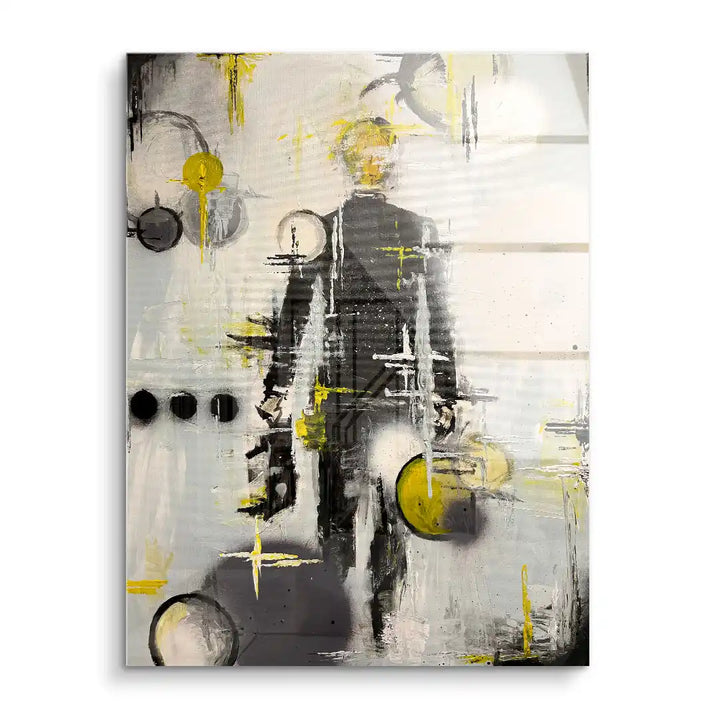 Abstraktes Wandbild mit Silhouette einer Person, gelbe und schwarze Akzente, moderne Kunst