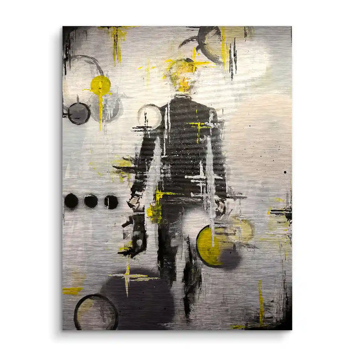Abstraktes Wandbild mit stilisierter Figur in Schwarz, Gelb und Grau, modernes Kunstmotiv