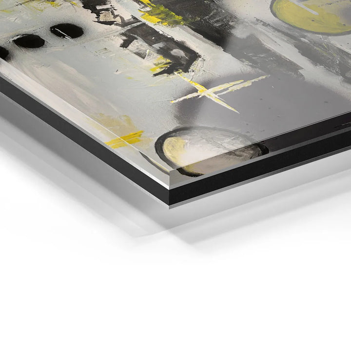 Detailaufnahme eines abstrakten Acrylglas-Wandbilds mit gelben und schwarzen Akzenten