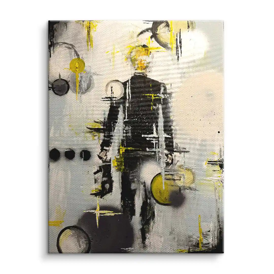 Abstraktes Wandbild mit stilisierter Figur in Schwarz, Gelb und Grau, moderne Kunst auf Leinwand