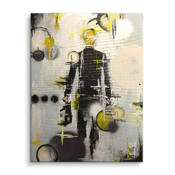 Abstraktes Wandbild mit stilisierter Figur in Schwarz, Gelb und Grau, moderne Kunst auf Leinwand