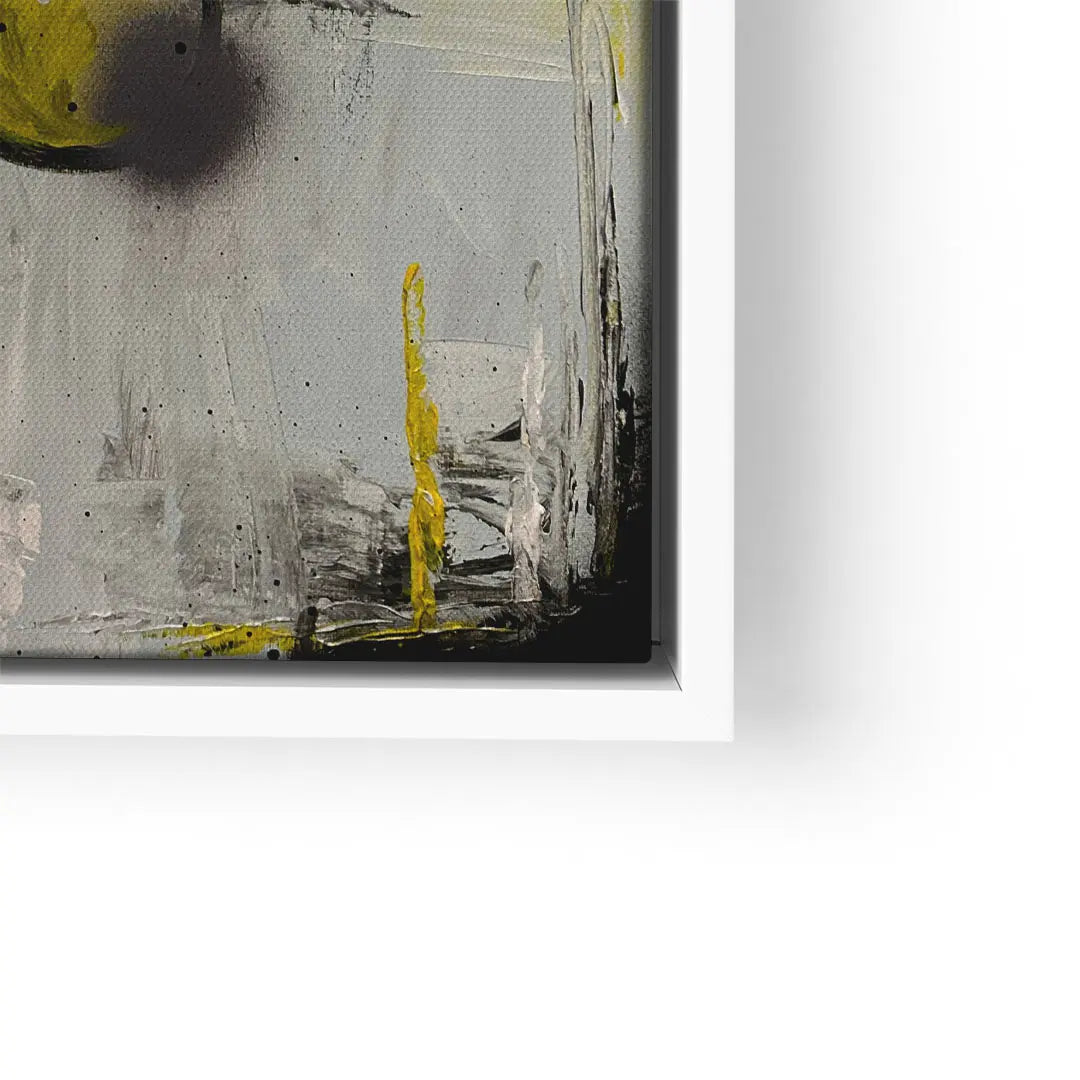 Abstraktes Wandbild in Grau und Gelb, moderne Kunst auf Leinwand im weißen Rahmen