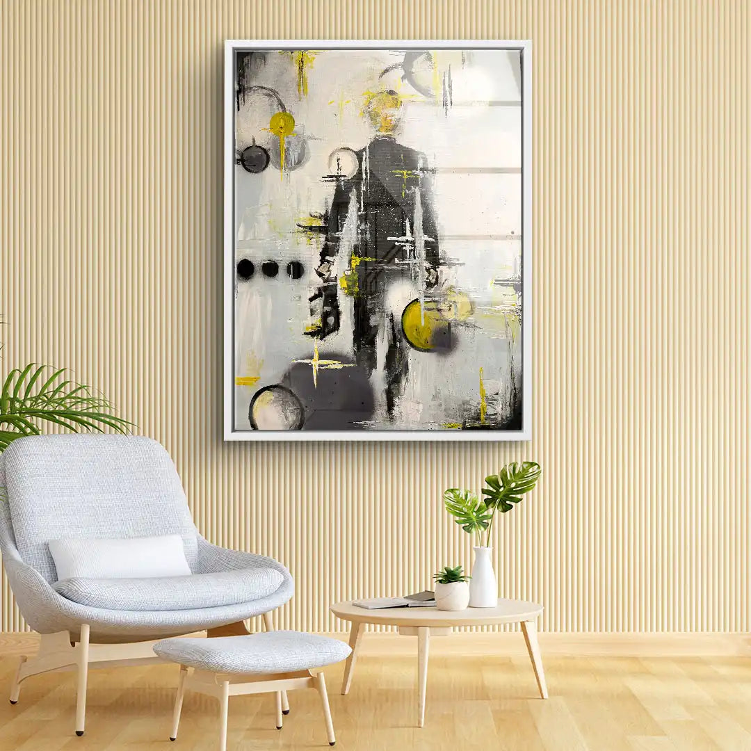 Modernes abstraktes Wandbild mit gelben und grauen Akzenten, gestaltet im Wohnzimmer