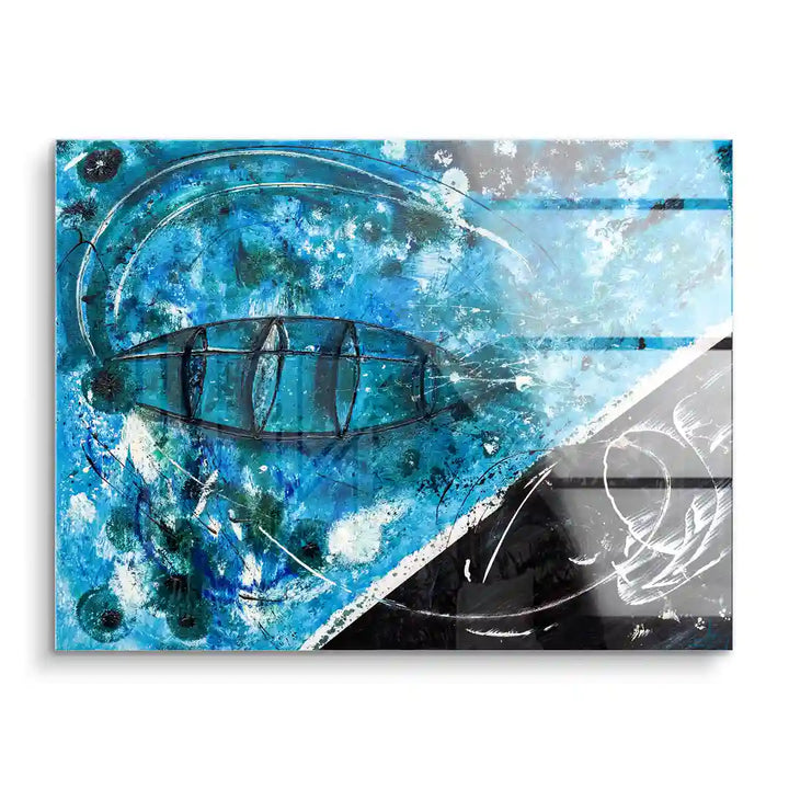 Modernes Wandbild mit abstraktem Zeppelin-Motiv in Blau und Schwarz auf Acrylglas