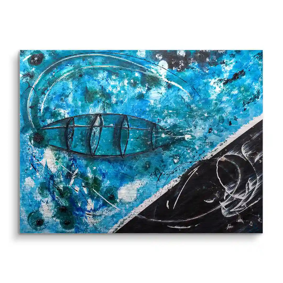 Abstraktes Wandbild in Blau und Schwarz mit Zeppelin-Motiv auf strukturierter Oberfläche