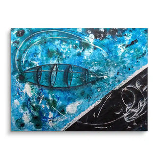 Abstraktes Wandbild in Blau und Schwarz mit Zeppelin-Motiv auf strukturierter Oberfläche