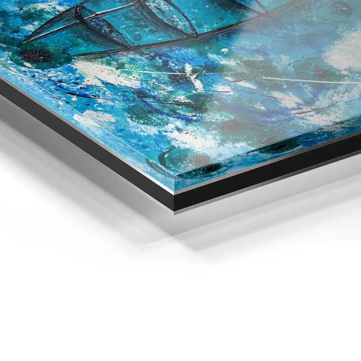Detailaufnahme eines modernen Zeppelin Wandbilds auf Acrylglas, blaue Farbgebung, abstraktes Design