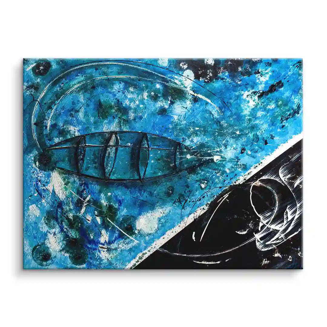 Abstraktes Wandbild mit Zeppelin-Motiv in Blau und Schwarz auf Leinwand