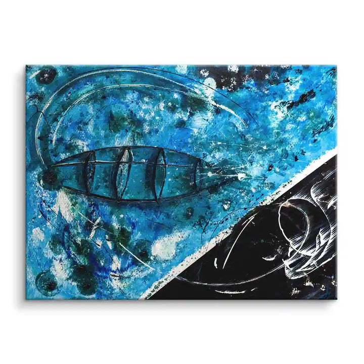 Abstraktes Wandbild mit Zeppelin-Motiv in Blau und Schwarz auf Leinwand