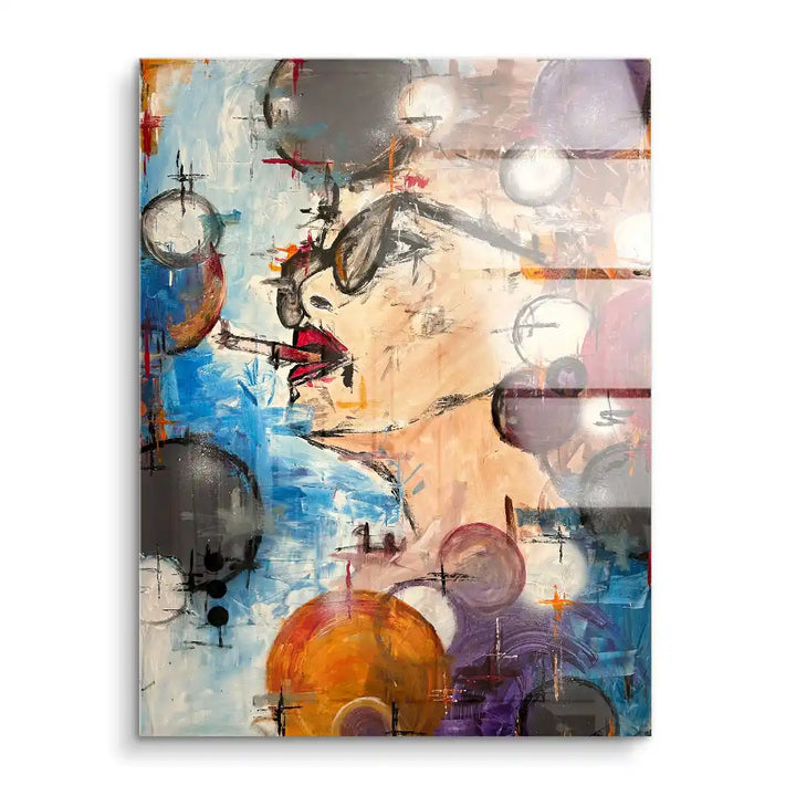 Abstraktes Wandbild mit rauchender Frau, bunten Kreisen und künstlerischem Pop-Art-Stil