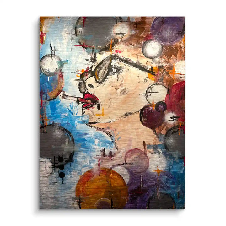 Modernes Wandbild mit abstraktem Frauenporträt, Zigarette und bunte Farbakzente, Pop Art
