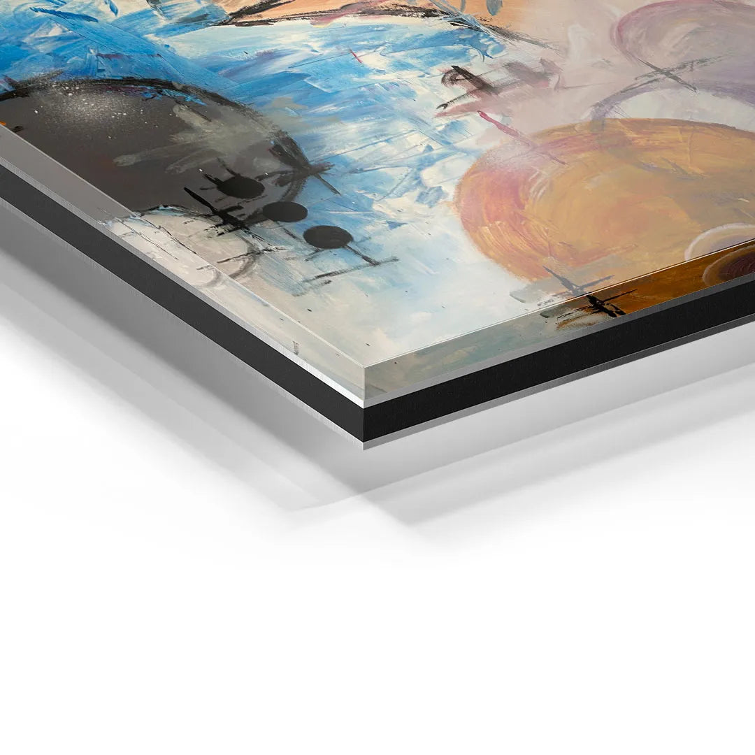 Detailaufnahme Acrylglas Wandbild mit abstrakter, bunter Kunst und Pinselstrichen