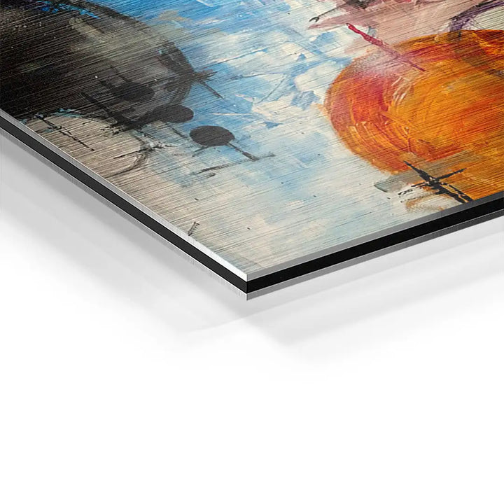 Detailaufnahme abstraktes Wandbild auf Aluminium mit bunten Farbflächen und Textur