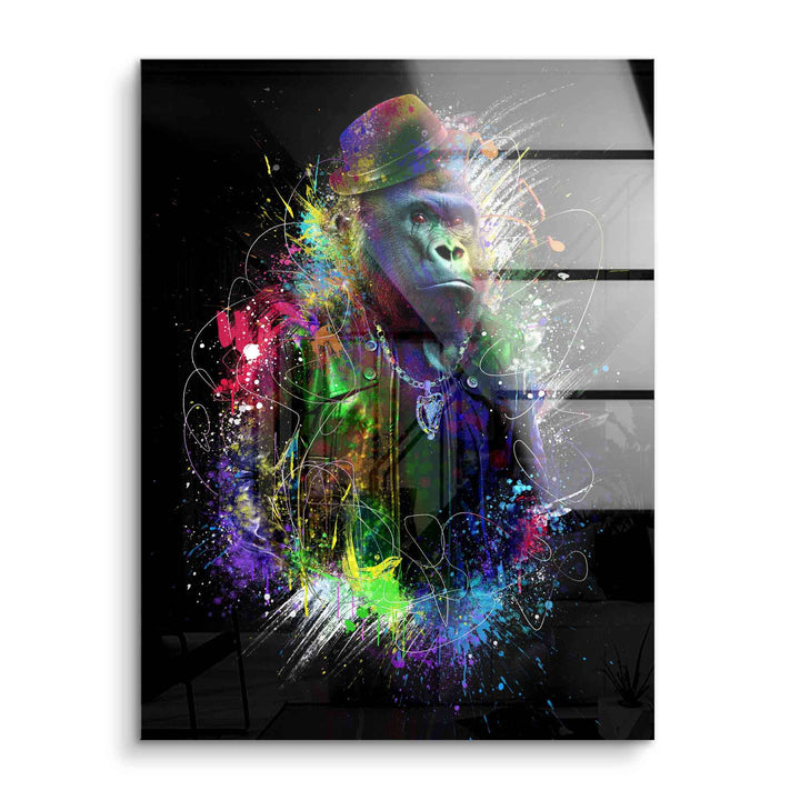 Buntes Acrylbild eines kreativen Affen mit Hut und Kette, Pop Art Stil, moderne Wanddeko
