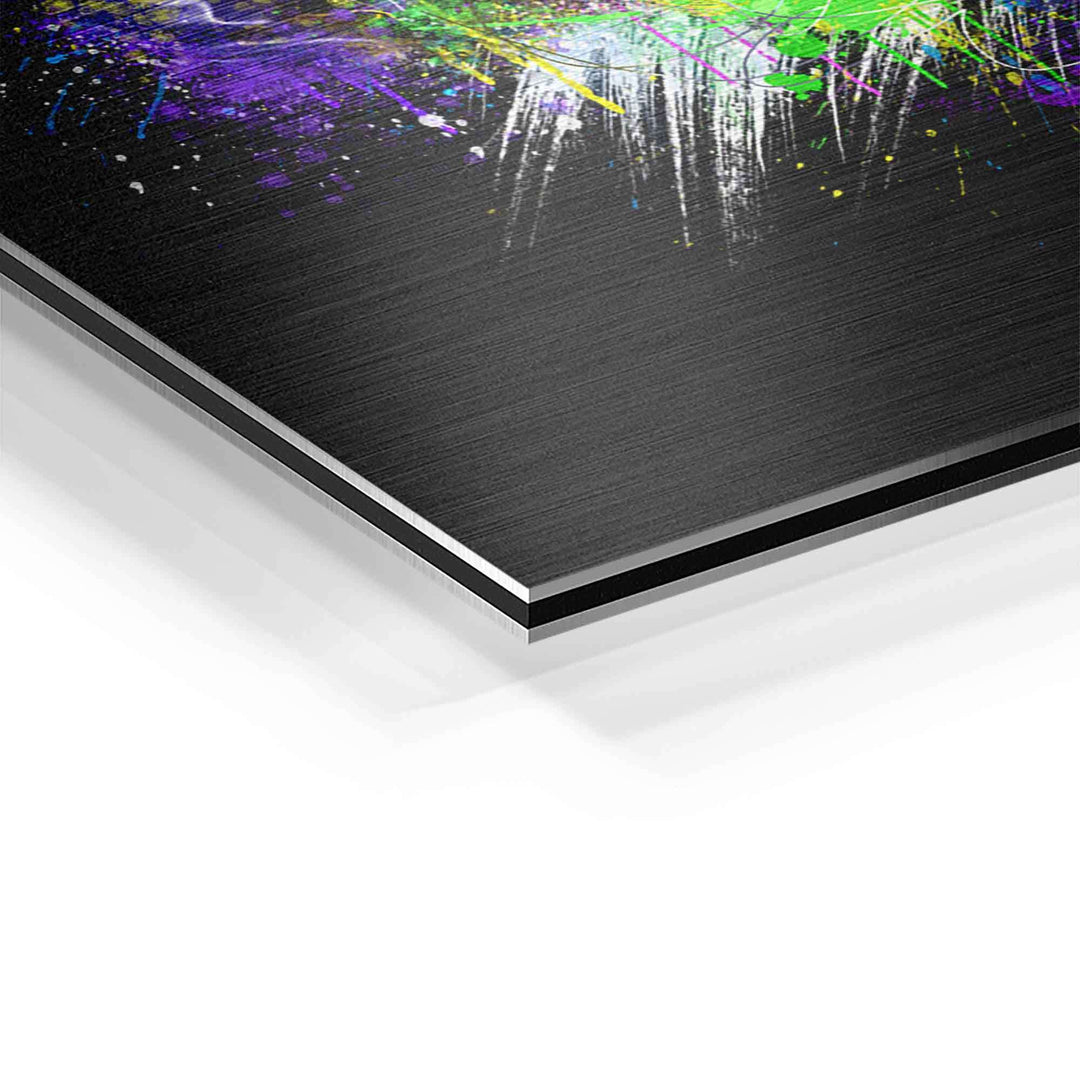 Detailansicht buntes Affe Wandbild auf schwarzer Aluminiumplatte, moderne Kunst