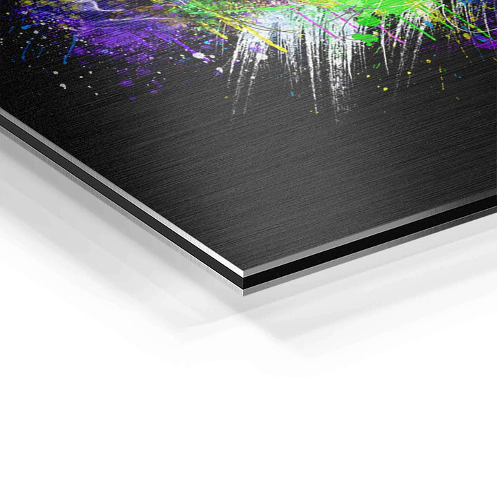 Detailansicht buntes Affe Wandbild auf schwarzer Aluminiumplatte, moderne Kunst