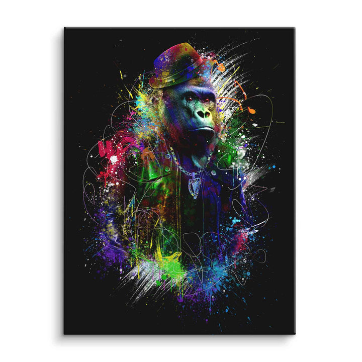Buntes Pop Art Wandbild mit kreativem Gorilla im Hut auf schwarzem Hintergrund, moderne Kunst