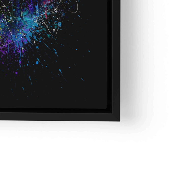 Modernes Wandbild mit buntem, kreativem Affenmotiv und Farbspritzern auf schwarzem Hintergrund