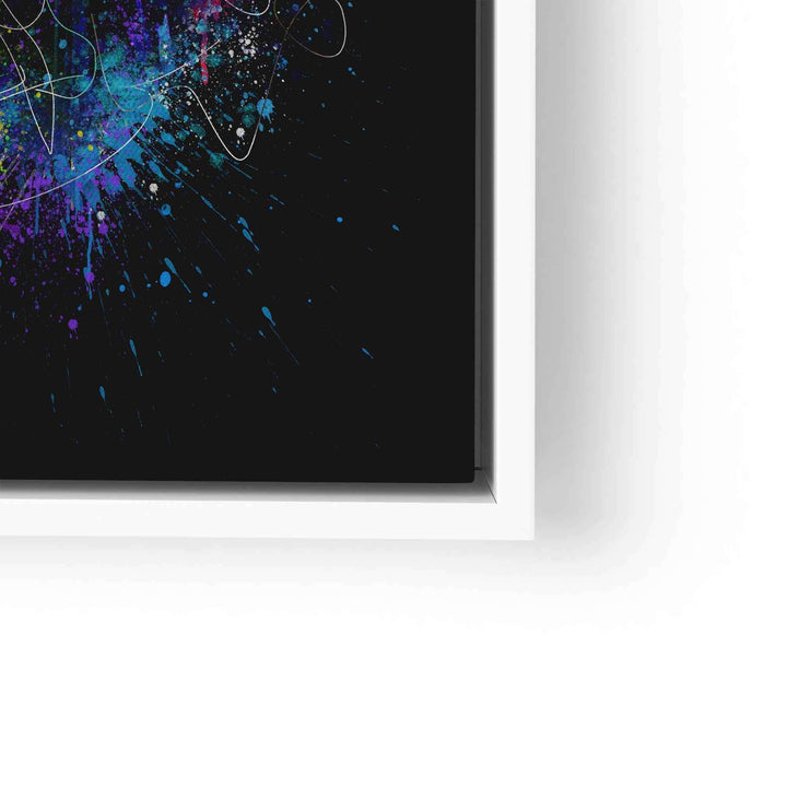 Modernes Wandbild mit buntem, kreativem Affen-Motiv auf schwarzem Hintergrund im weißen Rahmen