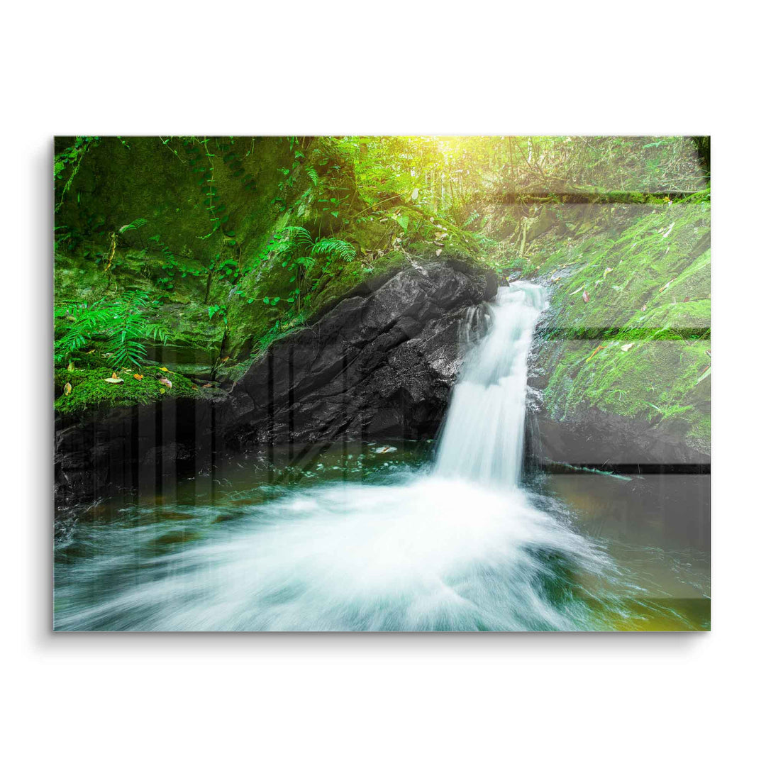 Acrylbild kleiner Wasserfall im grünen Wald, Natur Wandbild für Wohnzimmer Deko