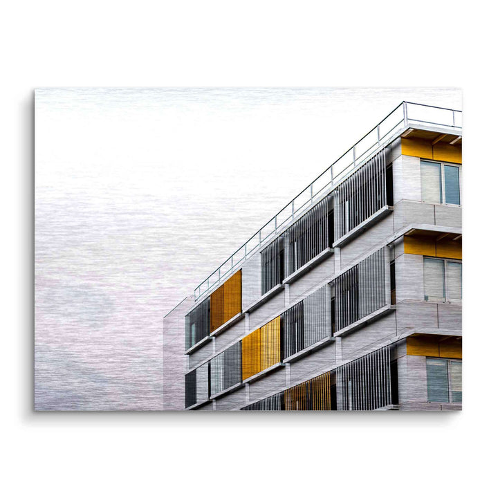 Modernes Architektur-Wandbild mit mehrstöckigem Gebäude und gelben Akzenten auf weißem Hintergrund