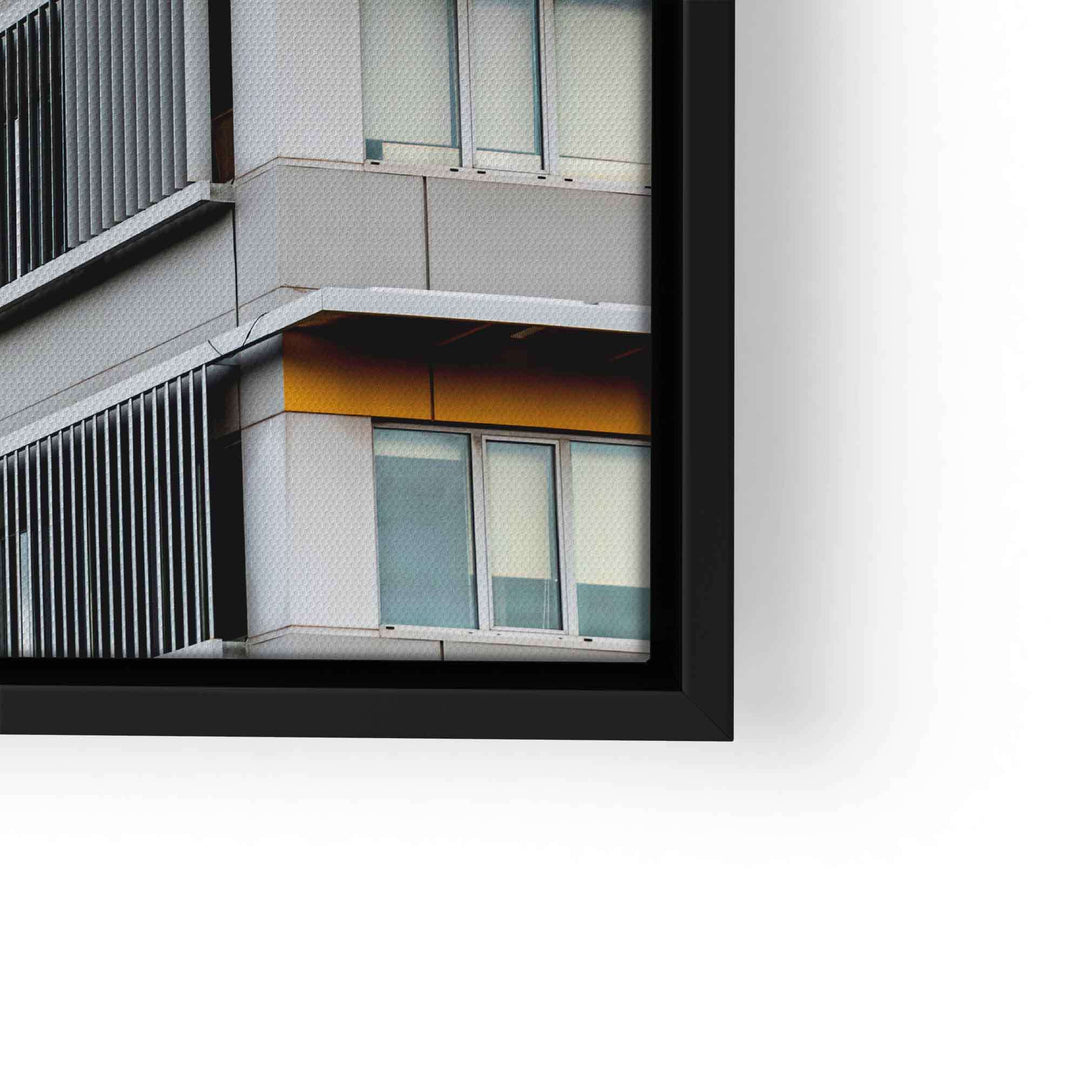 Modernes XXL Wandbild mit abstraktem Gebäude, Architekturmotiv, gelbe und graue Akzente