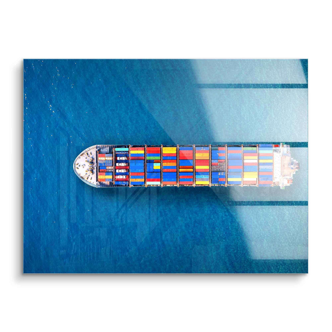 XXL Wandbild mit Containerschiff auf blauem Meer aus der Vogelperspektive, moderne Wanddekoration