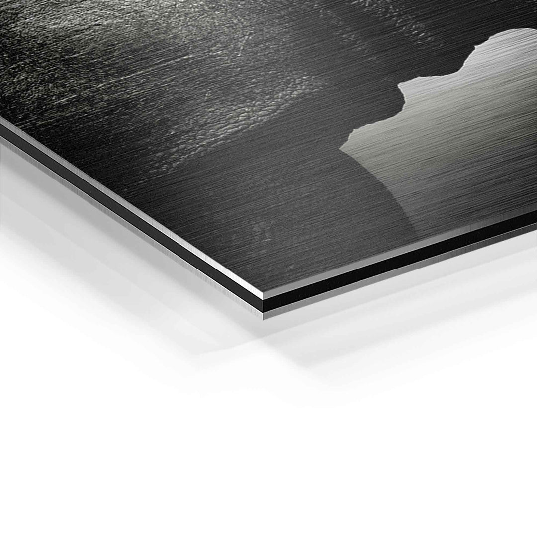 Detailaufnahme XXL-Wandbild Nashorn in Schwarz-Weiß auf Aluminium mit gebürsteter Oberfläche