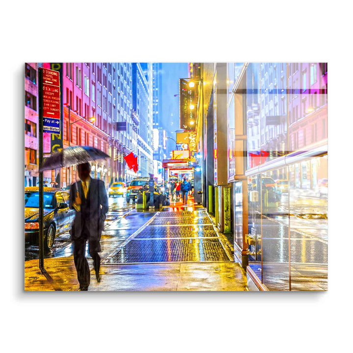 Pop Art XXL-Wandbild New York City bei Regen, leuchtende Farben, moderne Straßenansicht