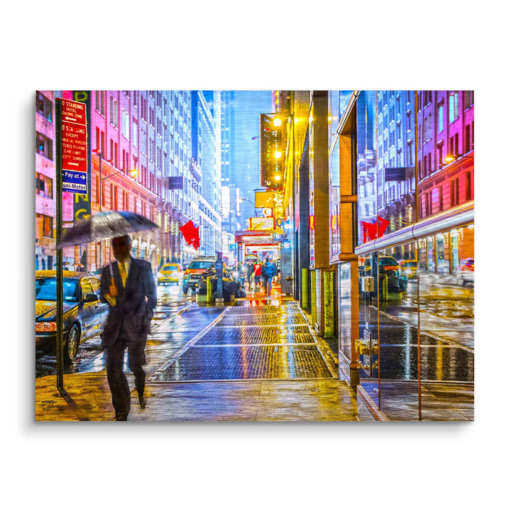New York City Pop Art Wandbild, bunte Straßen bei Regen, Mann mit Regenschirm, Großstadt-Stimmung