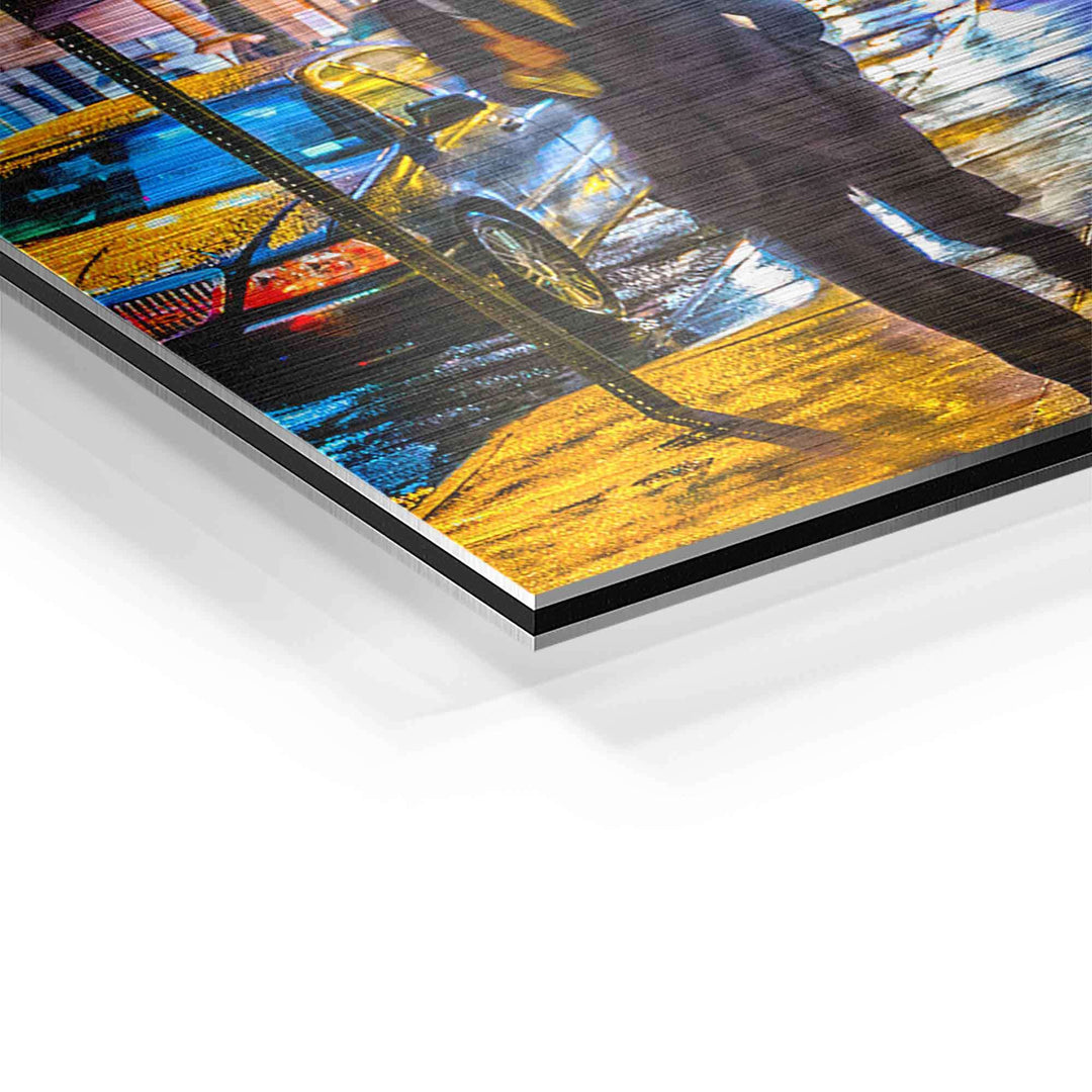 Detailansicht Pop Art Wandbild New York City mit bunter Straßen- und Taxi-Szene auf Aluminium
