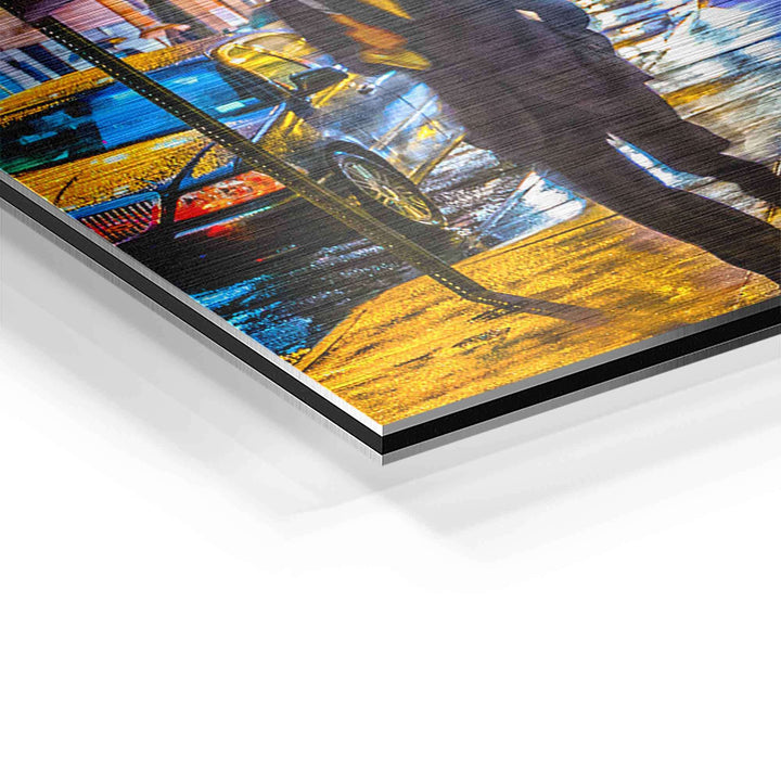 Detailansicht Pop Art Wandbild New York City mit bunter Straßen- und Taxi-Szene auf Aluminium