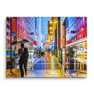 Pop Art Wandbild New York City Straßenansicht bei Regen, bunte Lichter, moderner Stil