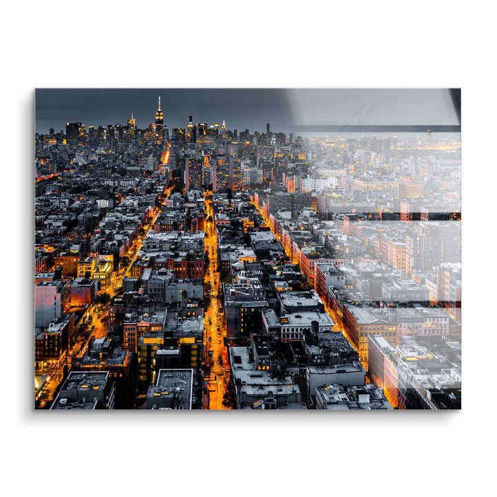 New York City Skyline bei Nacht als XXL Wandbild, beleuchtete Straßen, Acrylglas Kunst
