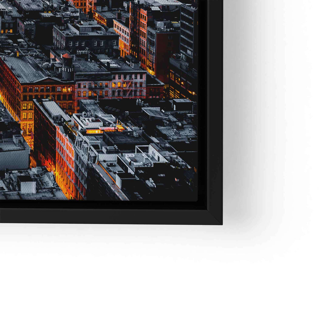 New York Stadtbild bei Nacht, beleuchtete Gebäude, modernes Wandbild in Schwarzrahmen
